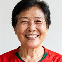 资深球迷李女士头像，穿着红色球衣的女性，面带笑容